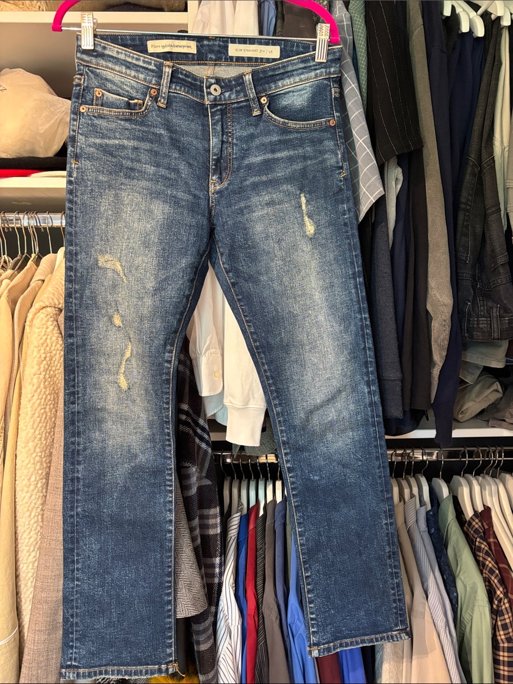 Pilcro Women Straight Jeans in Distressed Blue Wash